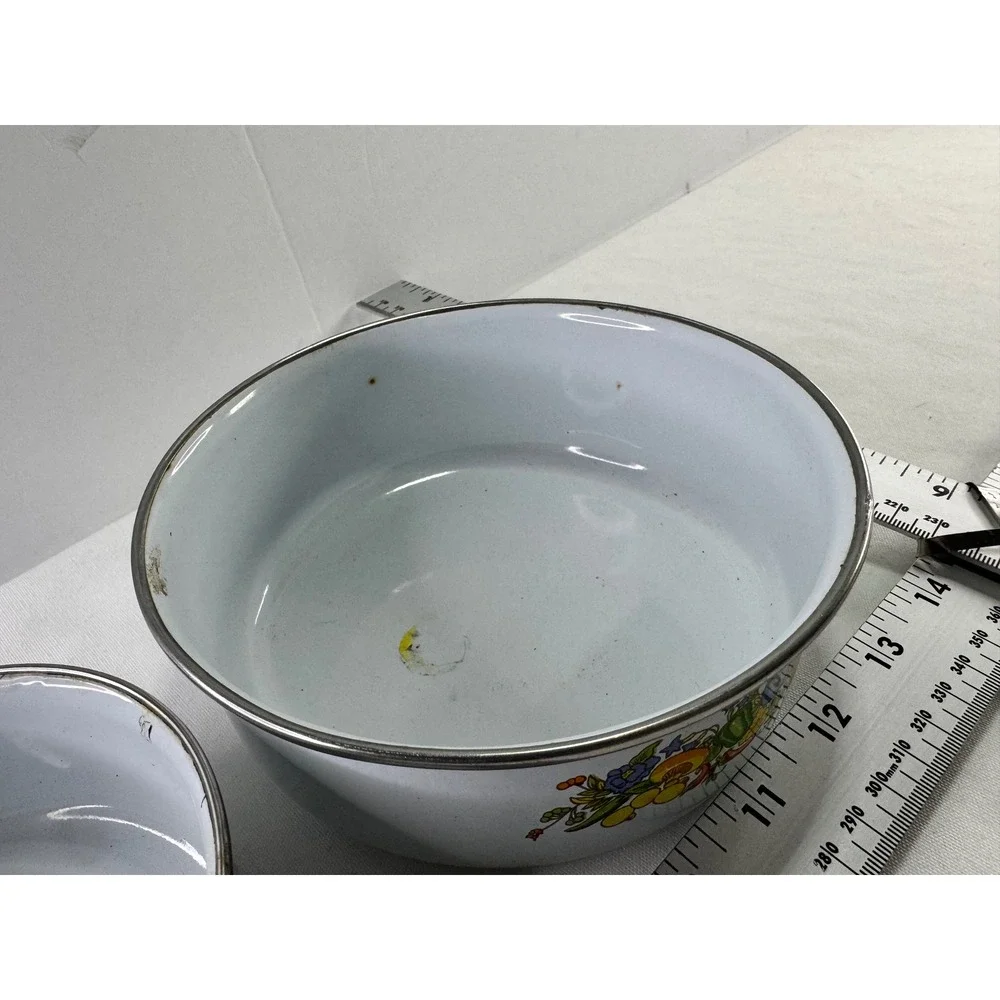 Vintage Enamelware Nesting Bowls Set White Fruit‎ Vegetable Mushroom Floral 2pc